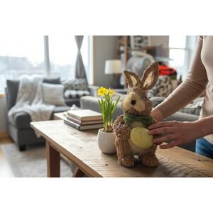 Sisal Easter Bunny Figurine OS Brown Very Good Rustic Straw Decor